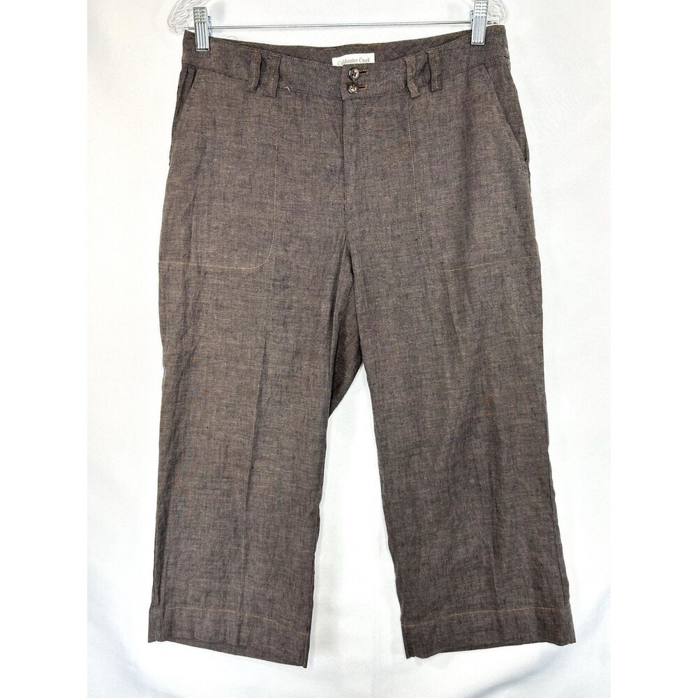 Coldwater Creek Linen Boho Capri Pants Women Sz 8 Button Earth Brown Lightweight